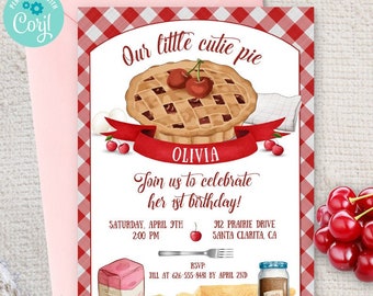 Gingham Cherry Pie Birthday Invitation: Editable Template (Digital Printable)