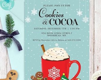 Cookies and Cocoa Christmas Hot Chocolate Party Invitation | 2-sided, 5x7 | Editable Digital Printable Template | Edit Online & Print