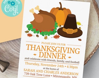 Retro Thanksgiving Dinner Autumn Party Printable Invitation | 5x7, Two sided | Editable Digital Printable Template | Edit Online & Print