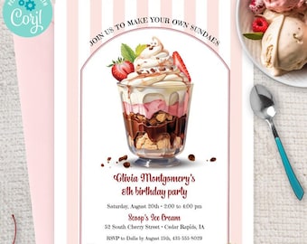 Make Your Own Ice Cream Sundae Birthday Party Invitation | 2-sided, 5x7 | Editable Digital Printable Template | Edit Online & Print Yourself