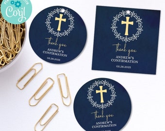 Blue Cross Wreath Confirmation Thank You Images for stickers, tags, cupcake toppers | 2.5 sq inch | Editable Template | Edit Online & Print