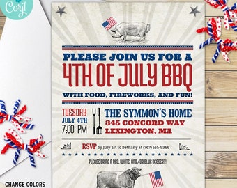 Vintage July 4th Independence Day BBQ Party Invitation | 2-sided, 5x7 | Editable Digital Printable Template | Edit Online & Print Yourself