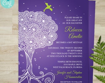 May include: A purple invitation card featuring a white line-art tree with intricate swirling patterns, a small lime green bird, and white text announcing a Bat Mitzvah for Rebecca Amelie on September 22, 2025, at Temple Beth Emanuel in Florida.