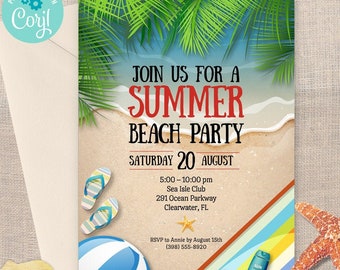 Tropical Summer Beach Party Invitation, Birthday Party | 2-sided, 5x7 | Editable Digital Printable Template | Edit Online & Print