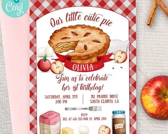 Red Gingham Apple Cutie Pie Party Invitation | 2-sided, 5x7 | Editable Digital Printable Template | Edit Online & Print Yourself