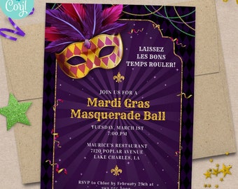 Mardi Gras Masquerade, Fat Tuesday Party Invitation | 2-sided, 5x7 | Editable Digital Printable Template | Edit Online & Print