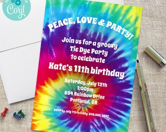Groovy Tie Dye Hippie Party Invitation, Birthday, Bachelorette, or Costume Party | 2-sided, 5x7 | Editable Template | Edit Online & Print