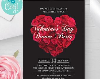 Red Rose Heart Engagement Party Valentines Day Party Invitation | 5x7, Two-sided | Editable Digital Printable Template | Edit Online & Print