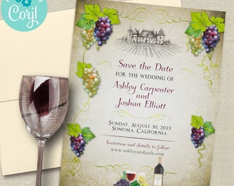 Rustic Vineyard Grapes Winery Save the Date card | Choose one of two formats | Editable Digital Printable Template | Edit Online & Print