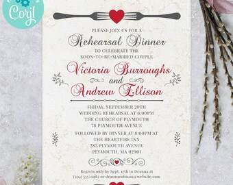Forked Hearts Rehearsal Dinner Party Invitation | 5x7, Two sided | Editable Digital Printable Template | Edit Online & Print