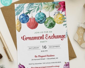 Ornament Exchange Party Invitation Template, Editable Corjl Christmas Invite, 5x7 Holiday Party Invitation, Watercolor Ornaments, Printable