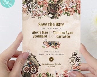 Floral Steampunk Wedding Save the Date card  | Choose one of three formats | Editable Digital Printable Templates | Edit Online & Print