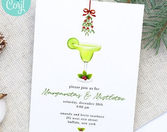 Christmas Party Invitation, Margaritas and Mistletoe Holiday Party Invite, Christmas Cocktail Party, Green Mistletoe Invitation