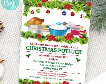 Könnte beinhalten: Weihnachts-Potluck-Einladung mit festlicher Dekoration. Die Einladung zeigt einen gebratenen Truthahn, einen blauen Topf und rote Weihnachtsstern. Der Text lautet "Feiern Sie die Saison mit uns bei einem Weihnachts-Potluck".