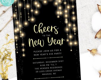New Year's Eve Party Invitation, Black and Gold Hanging Lights, Elegant New Year Celebration Invite, Editable NYE Party Card