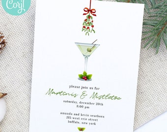 Christmas Martini Party Invitation, Martinis & Mistletoe Holiday Party Invite, Christmas Cocktail Party, Green Mistletoe Invite