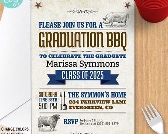 BBQ Rustic Graduation Party Invitation Announcement | 2-sided, 5x7 | Editable Digital Printable Template | Edit Online & Print Yourself