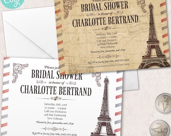 Vintage Parisian Bridal Shower Invitation: Airmail Eiffel Tower (Editable Template)