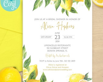 Lemon Watercolor Bridal Shower Invitation | 2-sided, 5x7 | Editable Digital Printable Template | Edit Online & Print