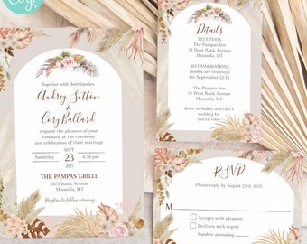 Boho Pampas Grass Wedding Stationery Suite | Choose Invite, RSVP, and/or Insert Card | Editable Digital Templates | Edit Online & Print