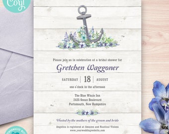 Nautical Floral Anchor Bridal Shower Invitation, Ocean Invite, Floral Invitation, Beach Invitation | Editable Template, Edit Online & Print