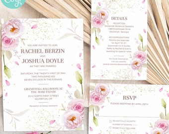 Pink Watercolor Corner Rose Wedding Stationery Suite | Choose from Invite, RSVP and/or Insert Card | Digital Templates | Edit Online & Print