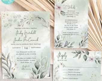 Greenery and Gold Wedding Stationery Suite | Choose Invite, RSVP, and/or Insert Card | Editable Digital Templates | Edit Online & Print
