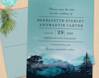 Blue Mountain Save the Date Card: Forest Landscape (Digital Printable Template)