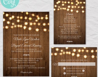 Rustic Wedding Invitation Set: Fairy Lights, Wood (Editable Template)