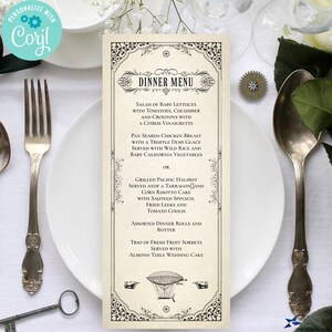 Steampunk Wedding or Event Dinner Menu Flat Card | 4"x9.25", Two sided | Editable Digital Printable Menu Template | Edit Online & Print