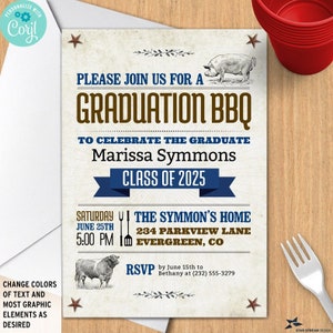 May include: A graduation BBQ invitation with a rustic design. The invitation features a pig, a bull, and a fork and knife. The text reads "Please join us for a graduation BBQ to celebrate the graduate Marissa Symmons Class of 2025. Saturday June 25th 5:00 PM The Symmons' Home 234 Parkview Lane Evergreen, CO RSVP by June 15th to Bethany at (232) 555-3279"