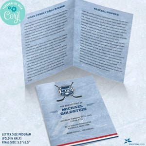 Ice Hockey Sports Bar Mitzvah Bar or B'nai Mitzvah Program | Bifold, 5.5x8.5 | Editable Digital Template | Edit Online & Print Yourself