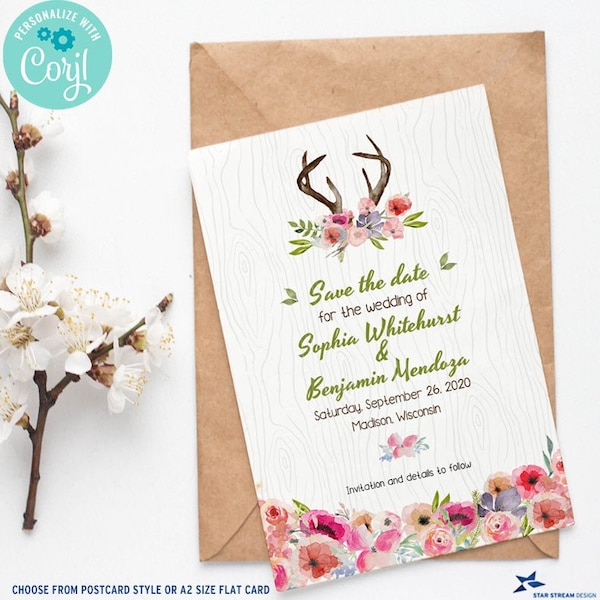 Watercolor Wildflowers Antlers Faux Bois Save the Date Card, 2 size options | 2-sided | Editable Digital Template | Edit Online & Print