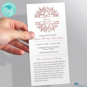 Rose Gold Star of David Bat Mitzvah Program | 4"x9" Rack card style | Editable Digital Template | Edit Online & Print Yourself