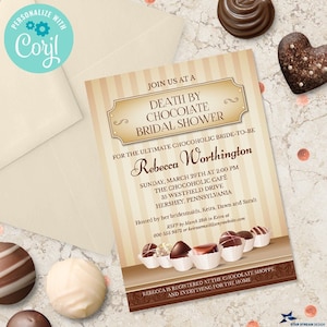 Puede incluir: Una invitación de ducha nupcial de color beige y marrón con un diseño vintage. La invitación dice "Death by Chocolate Bridal Shower" para "Rebecca Worthington". La invitación incluye la fecha, la hora y la ubicación de la ducha, así como la información de RSVP.