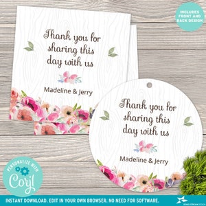 Rustic Watercolor Wildflowers Faux Bois Images, stickers, tags, buttons, cupcake toppers 2x2 Editable Template Edit Online & Print image 1