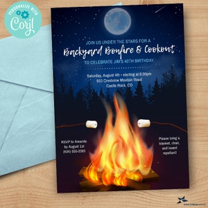 May include: A blue and purple invitation with a campfire and marshmallows. The text reads "Join us under the stars for a Backyard Bonfire & Cookout to celebrate Jim's 40th Birthday. Saturday, August 4th starting at 6:00pm 933 Crestview Mountain Road Castle Rock, CO RSVP to Amanda by August 1st (434) 555-2383 Please bring a blanket, chair, and insect repellent!"