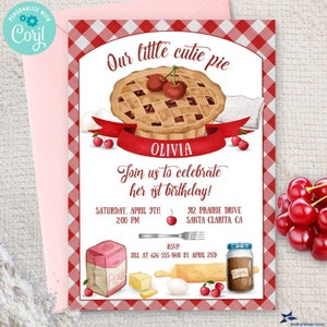 Red Gingham Cherry Cutie Pie Party Invitation | 2-sided, 5x7 | Editable Digital Printable Template | Edit Online & Print Yourself