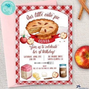 Red Gingham Apple Cutie Pie Party Invitation | 2-sided, 5x7 | Editable Digital Printable Template | Edit Online & Print Yourself