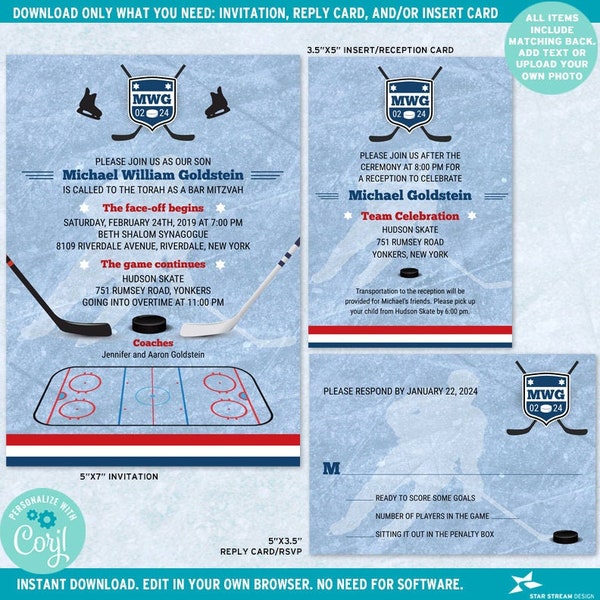 Ice Hockey Bar Bat B'nai Mitzvah Suite | Choose from Invite, RSVP, and Insert Card | Editable Template | Edit Online & Print Yourself