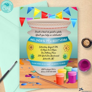 May include: A colorful invitation for a 7th birthday party with a pottery theme. The invitation features a yellow and blue pottery jar with flowers and a banner of colorful flags. The text reads "Melinda's 7th Birthday" and includes the date, time, location, and RSVP information.