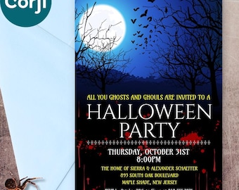 Spooky Halloween Party Invitation, Full Moon Silhouette Bats Spooky Night Adult Halloween Party Invite, Digital or Printed