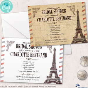 Plan a Parisian or French-themed bridal shower with a Parisian bridal shower invitation meant to look like an old postcard. The Eiffel Tower is dominant on the right side, with borders of red and blue stripes to resemble an airmail letter. The background on the antique parchment version looks like an aged letter with subtle engraving, cursive handwriting, and visa and postage stamps. The other version prints against white so that you can express yourself through your own paper selection.