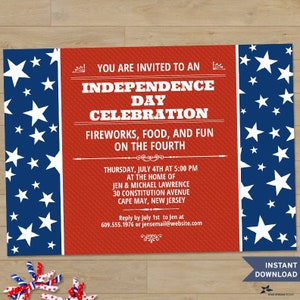 Red White and Blue Fourth of July Printable Party Invitation Template, Two 7x5 Invites, Editable PDF instant Download image 1