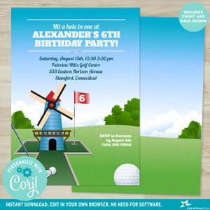 May include: A blue and red windmill with a golf flag with the number 6 on it. The invitation is for Alexander's 6th birthday party at Fairview Hills Golf Centre. The party is on Saturday, August 15th from 12:30 to 2:30 pm. RSVP to Karenna by August 5th at (434) 555-79345.