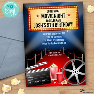 Movie Night, Red Carpet Film Premiere Birthday Party Invitation | 5x7, 2-sided | Editable Digital Printable Template | Edit Online & Print