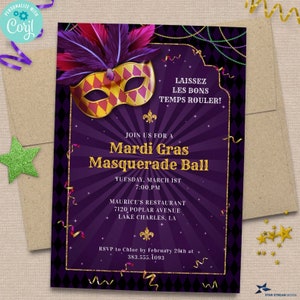 Mardi Gras Masquerade, Fat Tuesday Party Invitation | 2-sided, 5x7 | Editable Digital Printable Template | Edit Online & Print