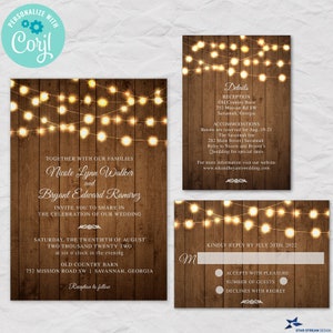 Rustic Wedding Invitation Set: Fairy Lights, Wood (Editable Template)