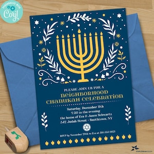 Elegant blue and gold Hanukkah invitation featuring a large gold menorah surrounded by white botanical branches, stars, decorative floral accents, and Jewish holiday symbols. The invitation has a sophisticated, festive design with editable event details and space for party information.
