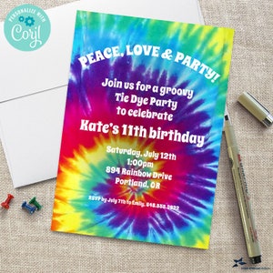 Groovy Tie Dye Hippie Party Invitation, Birthday, Bachelorette, or Costume Party | 2-sided, 5x7 | Editable Template | Edit Online & Print
